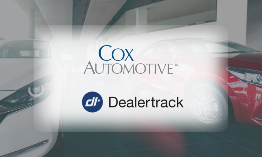Cox Automotive and Dealertrack logos displayed over a dealership showroom background.