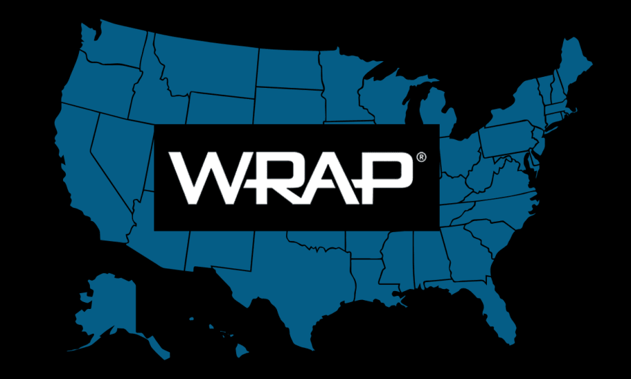 white Wrap logo against a black box on top of a blue map of the United States, with a black background behind the map.