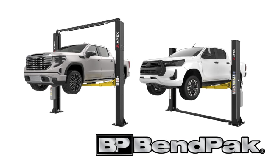 Pickup trucks raised on APEX two-post vehicle lifts inside a studio setting.