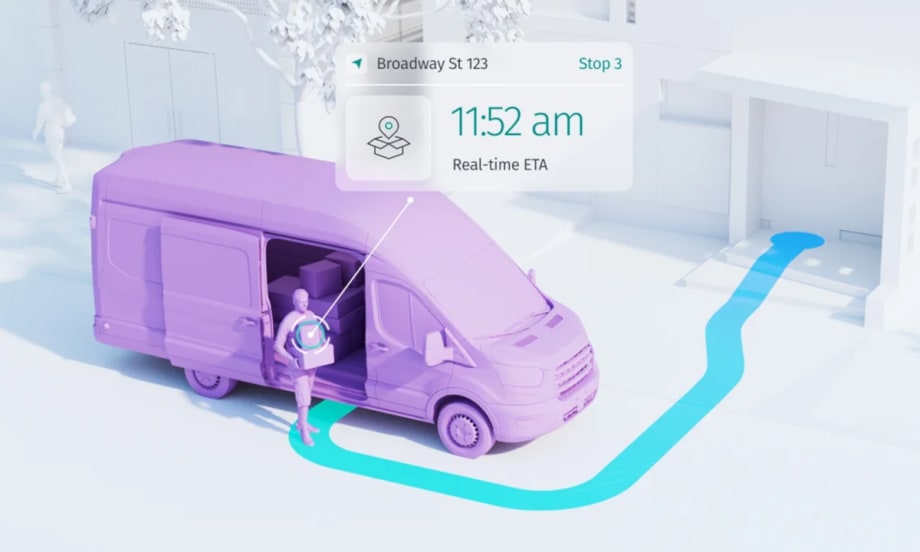Graphic illustration of an all-white street scene, a purple delivery van and delivery person, and a blue arrow pointing from the person into the doorway of a delivery location.