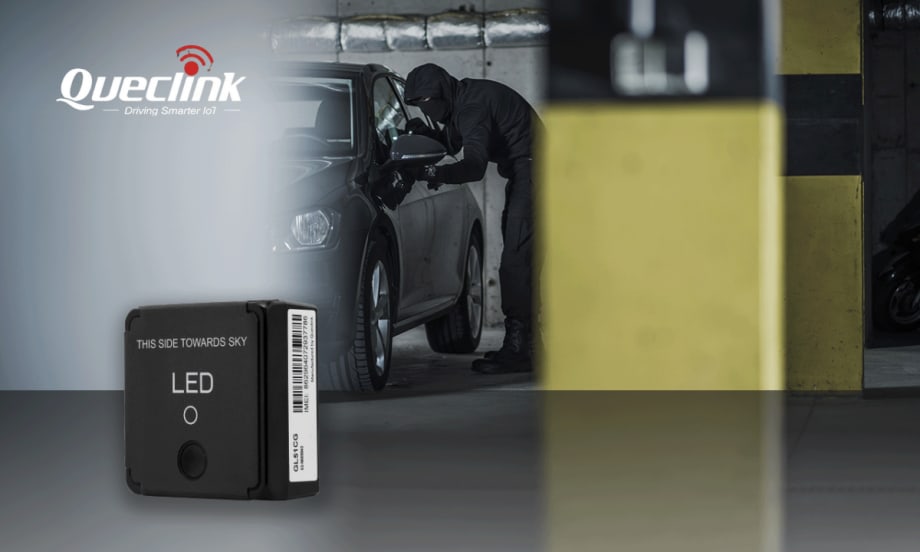 Queclink GL51CG battery-powered backup vehicle tracker shown alongside an image representing vehicle theft and recovery monitoring.