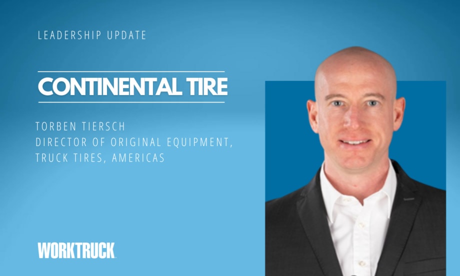 Man in business attire against a blue background headline for Leadership Update, Continental Tire, and the man's name and job title.