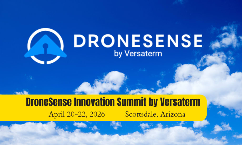 Clooudy sky background with a lot of blue, logo for DroneSense, and dates and location of an upcoming event.