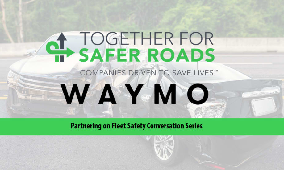 Faint background image of two cars that have collided and logos for Together for Safer Roads and Waymo.