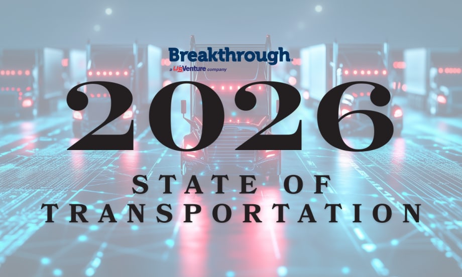 Graphic for Breakthrough 2026 State of Transportation Report featuring semi-trucks on a digital highway with large “2026” text overlay.