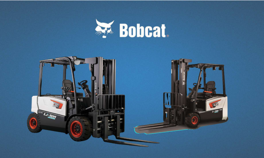 Two Bobcat electric forklifts equipped with lithium-ion battery systems displayed against a blue background with the Bobcat logo above.