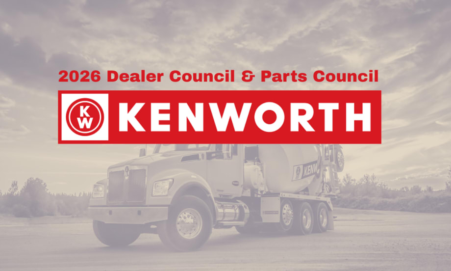 Sepia-toned background image of a concrete truck with red Kenworth logo and read headline 2026 Dealer Council & Parts Council.