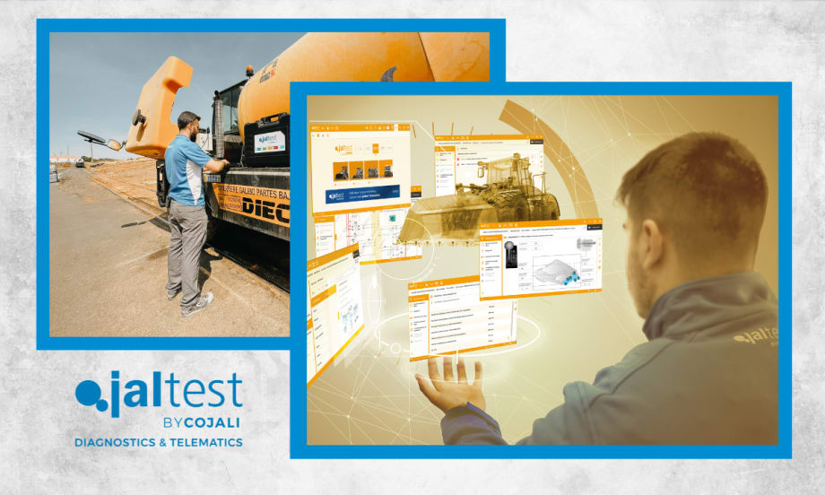 White background with image inset of a man working on a construction truck, another image of a man looking at virtual diagrams in front of him, and a logo for Jaltest.
