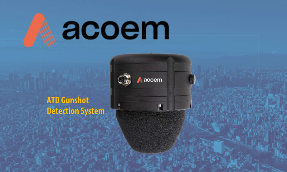 Back small device with headline ATD Gunshot Detection System and a logo for Acoem set against a tinted blue background image of a large city.