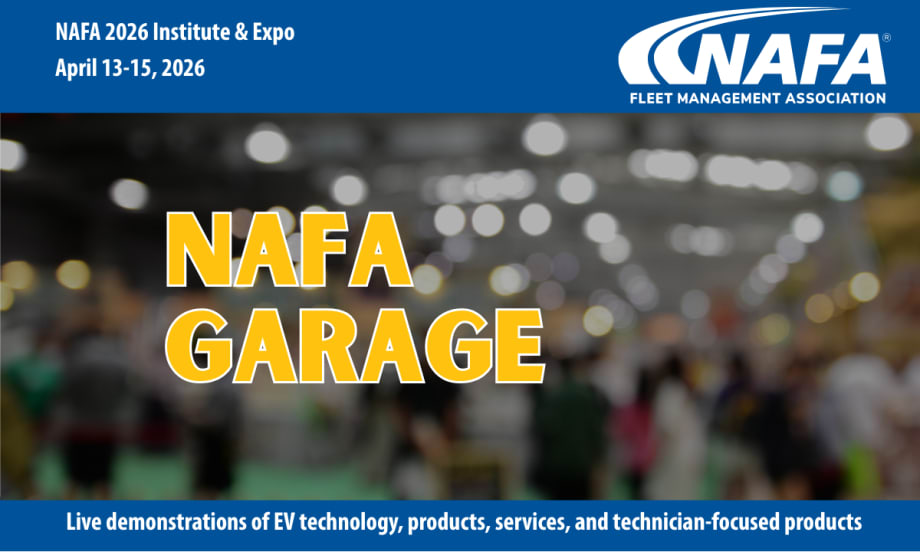 Background scene of a blurred tradeshow crowd with yellow headline NAFA Garage and logo for NAFA.