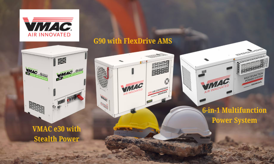 Construction site background image with excavator and two hardhats, VMAC logo, and inset images of three white boxes that contain power sources or air compressors.