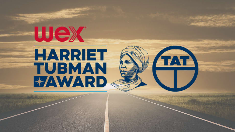Graphic showing WEX and TAT logos with Harriet Tubman Award text over an open highway background at sunset.