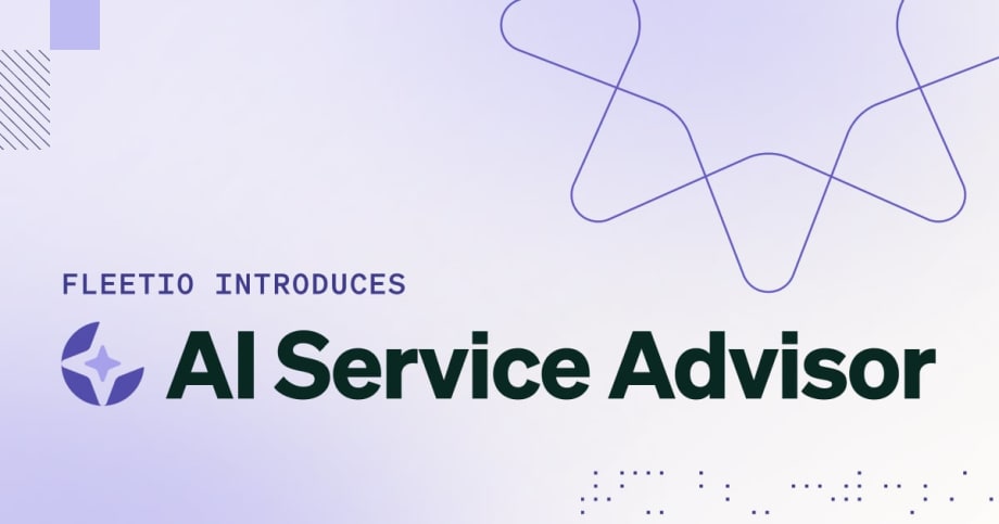 Bluish gray background with graphic elements and headlines Fleetio Introduces AI Service Advisor.