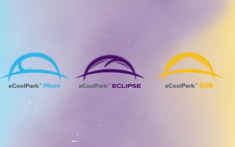 Blue-purple-yellow background with three logos for the eCoolPack series of products.