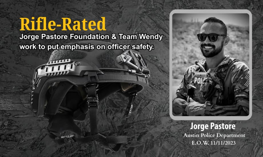 DArk backgroundn with inset images of a fallen police officer and a ballistic helmet and headline Rife-Rated.