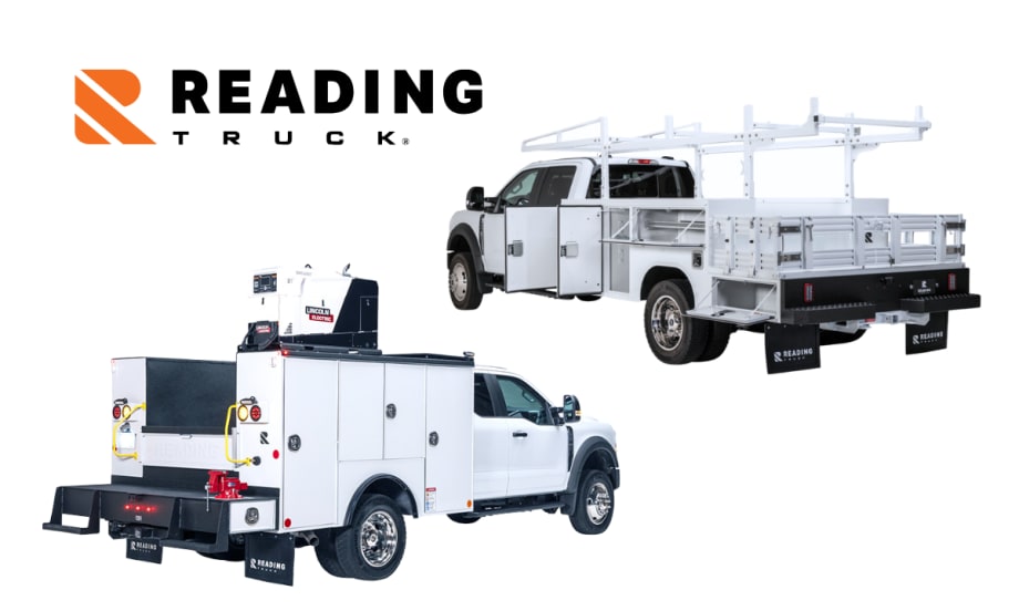 Two white work trucks against a white background with a logo for Reading Truck in the upper left of image.