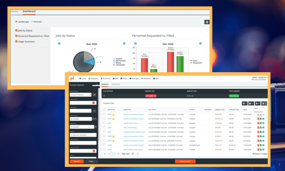 Two computer screenshots with graphs and spreadsheet against a blue background