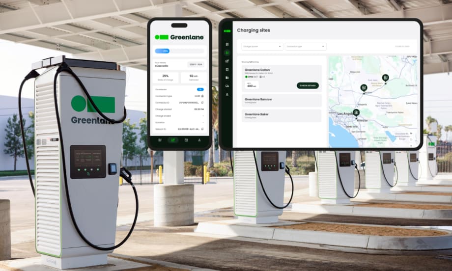 Image of a row of EV charging stations and an inset image of a screenshot from a computer and from a smartphone showing charging data.