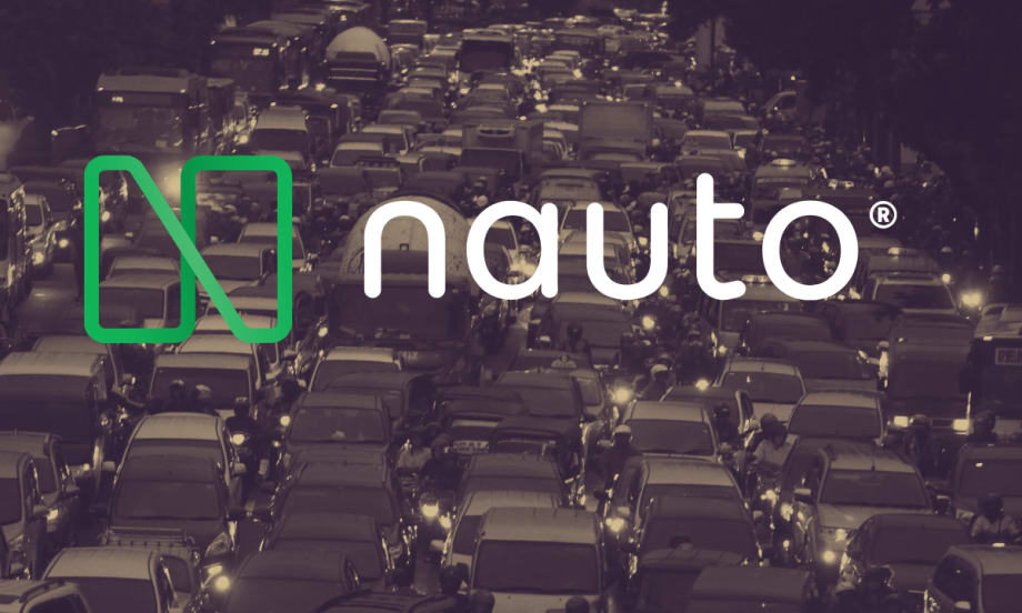Darkened background image of congested traffic with large Nauto logo in front.