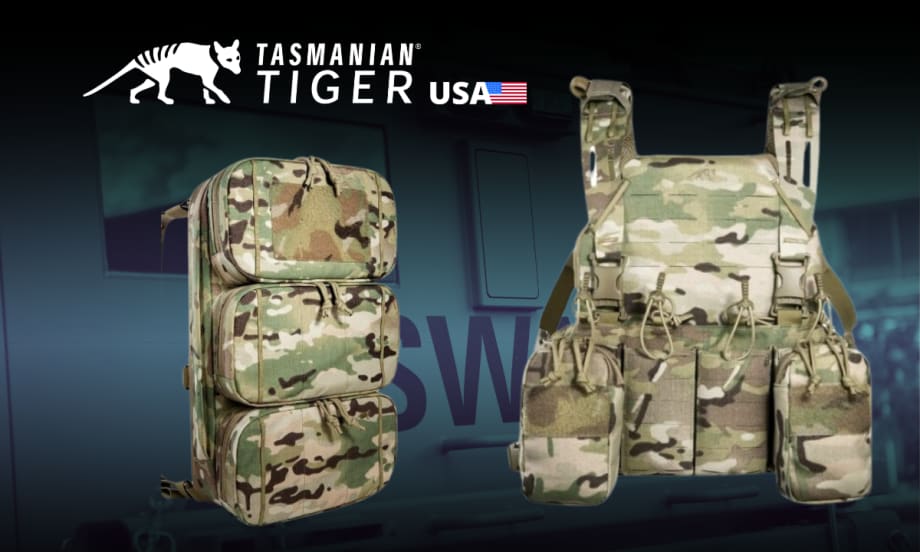 Two chest rig packs in camo in front of a blue themed SWAT background and a logo for Tasmanian Tiger.