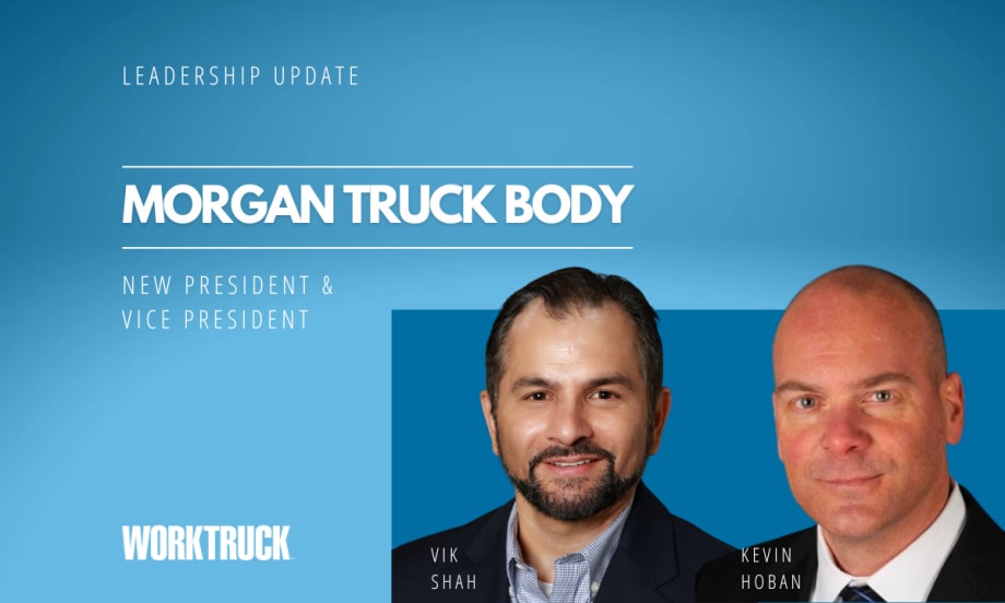 Blue background and headlines for Leadership Update and Morgan Truck Body, with headshots of two men in business attire and Work Truck logo.