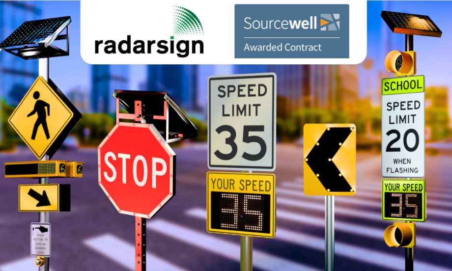 Collection of traffic control signs against a city backdrop and logos for Radarsign and Sourcewell.
