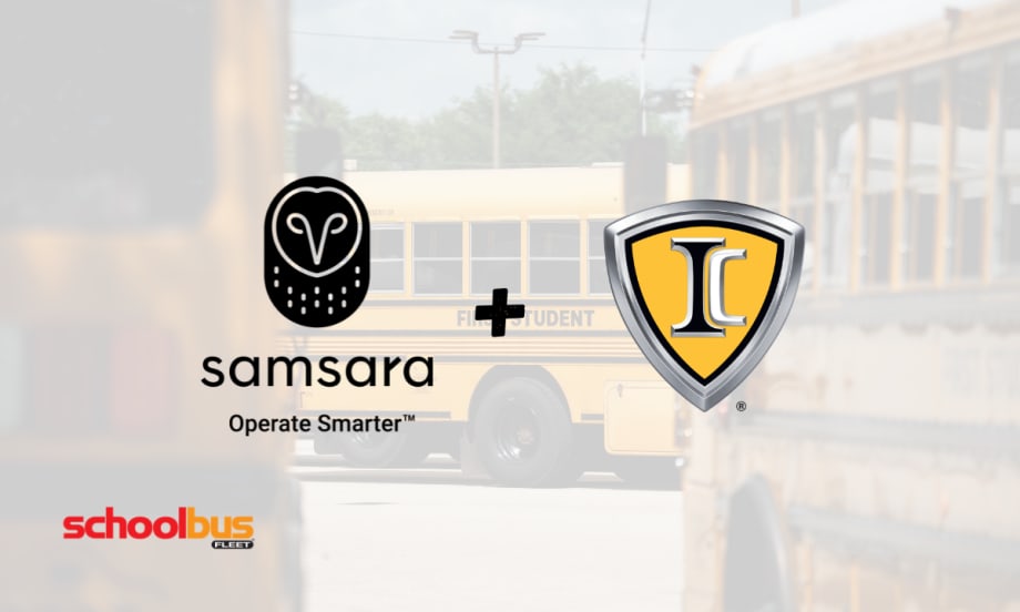 a faded photo of school buses in the background with the samsara logo and IC Bus logo next to each other