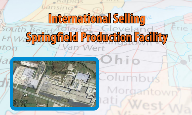 Faint background image of map of Ohio with orange headline International Selling Springfield Production Facility and an inset aerial photo of the manufacturing plant.