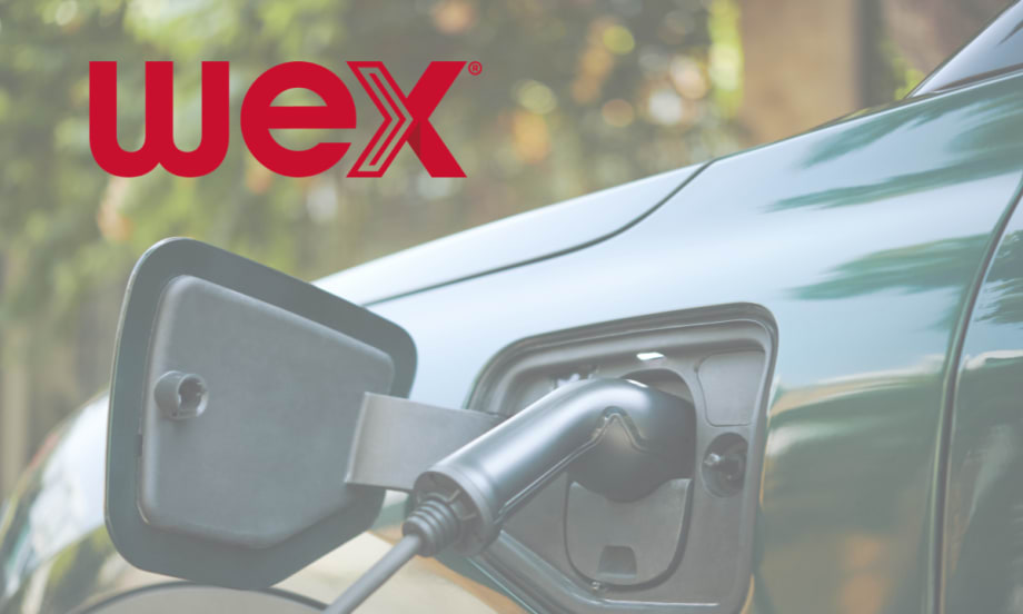 Closeup photo of an EV charger plugged into an EV, with white logo for WEX.