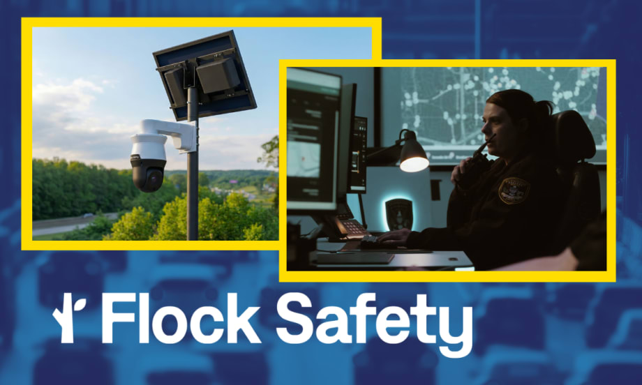 Tinted blue background image of traffic with inset images for an ALPR camera, a police dispatcher, and a logo for Flock Safety.