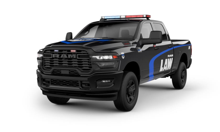 Black Ram police pickup truck against a white background.