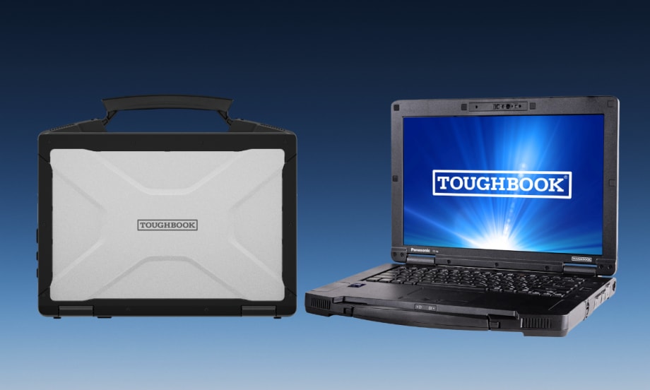 image of one closed laptop and one open laptop with Toughbook logo on screen, all against a blue gradient background