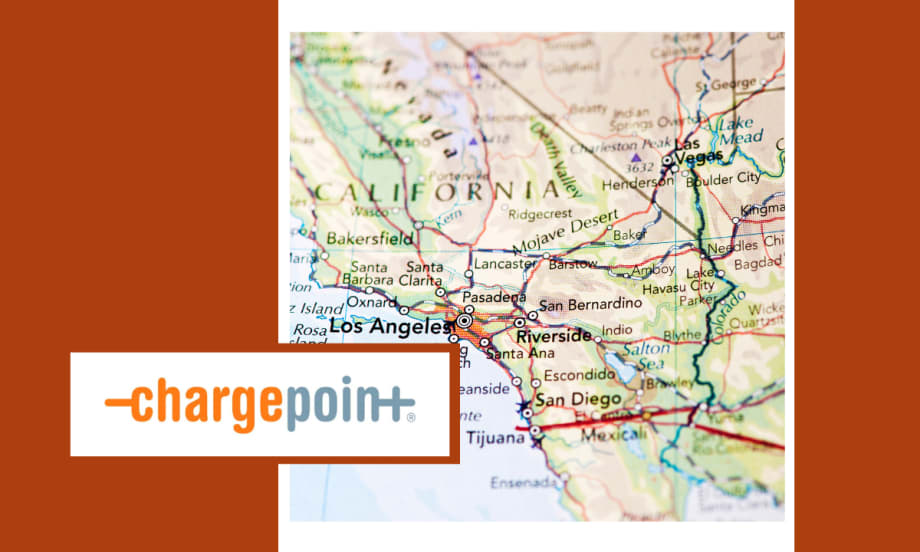 Map of Southern California, surrounded by orange background on left and right, and an inset logo for ChargePoint.