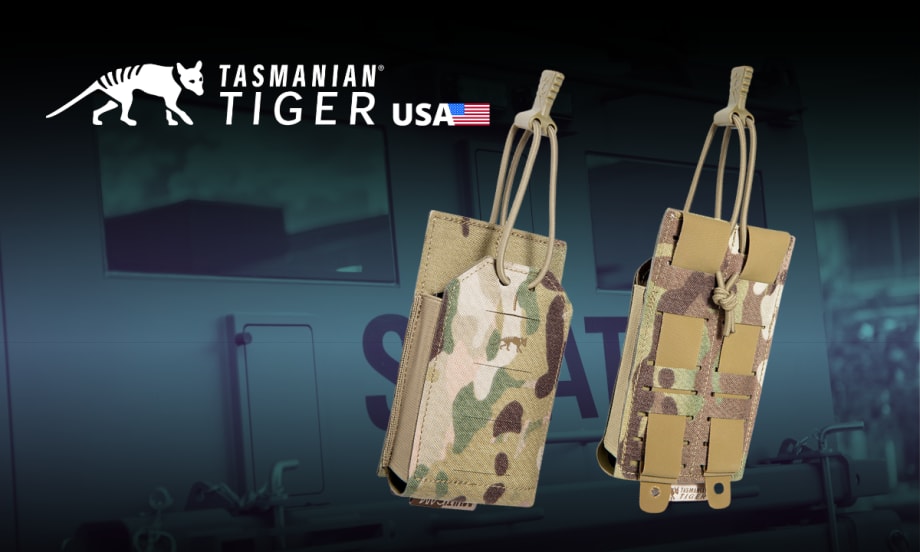 Two camo magazine puches against a blue tinted police background and a logo for Tasmanian Tiger.