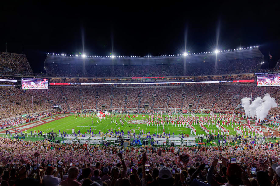 Fans cheer at Saban Field at Bryant-Denny Stadium during a football game at The University of Alabama.