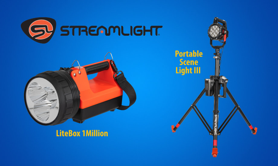 Large orange handheld searchlight and an area light on a tripod against a blue background and a Streamlight logo.