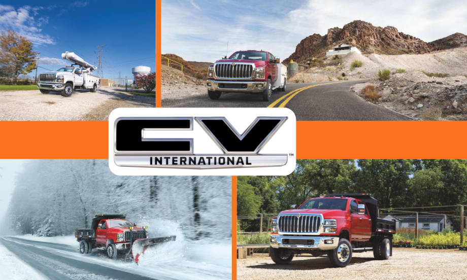 Composite image showing four different photos of a truck ranging from desert to snow, with an orange stripe across the middle of the image with while logos for International and CV Series.