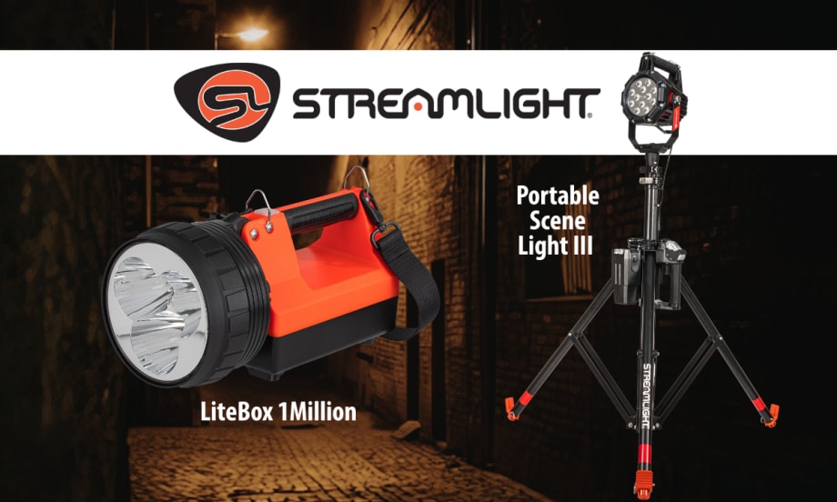 Streamlight searchlight and a scene light on a tripod set against a darkened street scene and Streamlight logo across the top.