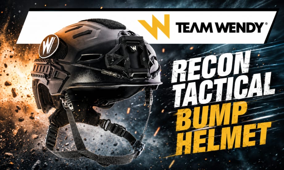 Black tactical helmet with bright explosion behind it to the left, Team Wendy logo top right, and headline Recon Tactical Bump Helmet