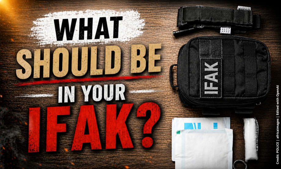 Black small medical bag with supplies and a tourniquet at right on a wood table and a large headline at left What Should Be In Your IFAK?