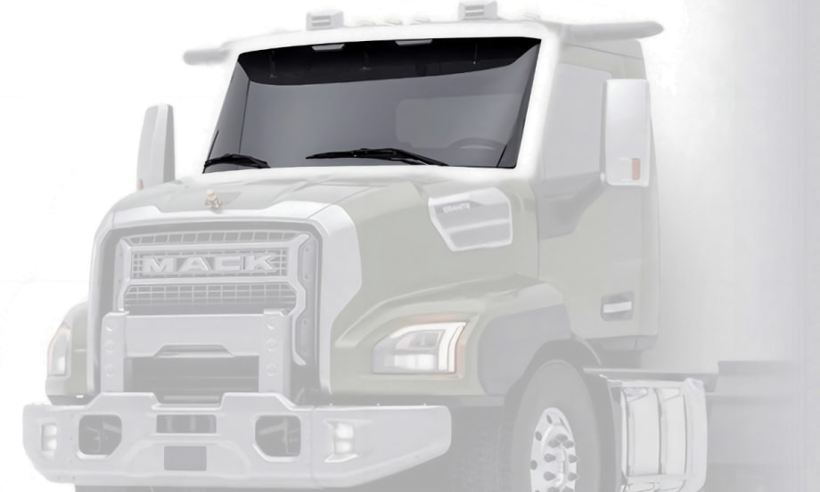 Transparent image of the front of a Mack Truck with a darkened windshield.