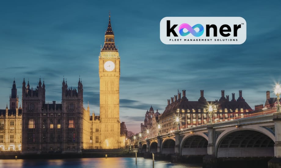 Skyline of London with a blue sky and an inset logo for Kooner.