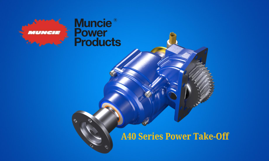 Image of blue power take off automotive part against a blue background and a logo for Muncie Power Products.