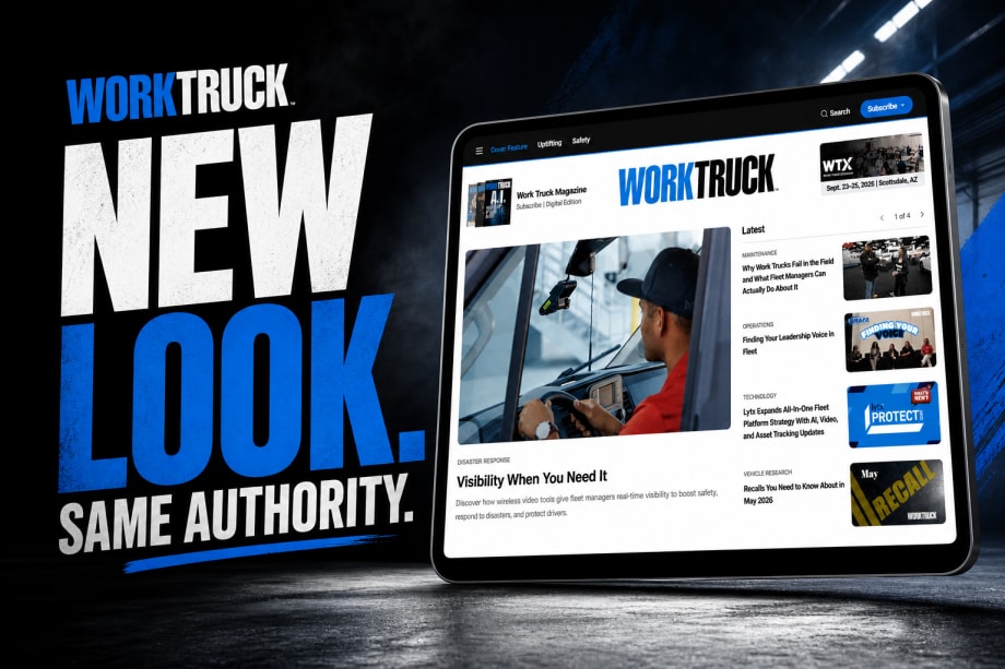 Work Truck Online relaunch announcement featuring bold “New Look. Same Authority.” text alongside a tablet displaying the redesigned website homepage.