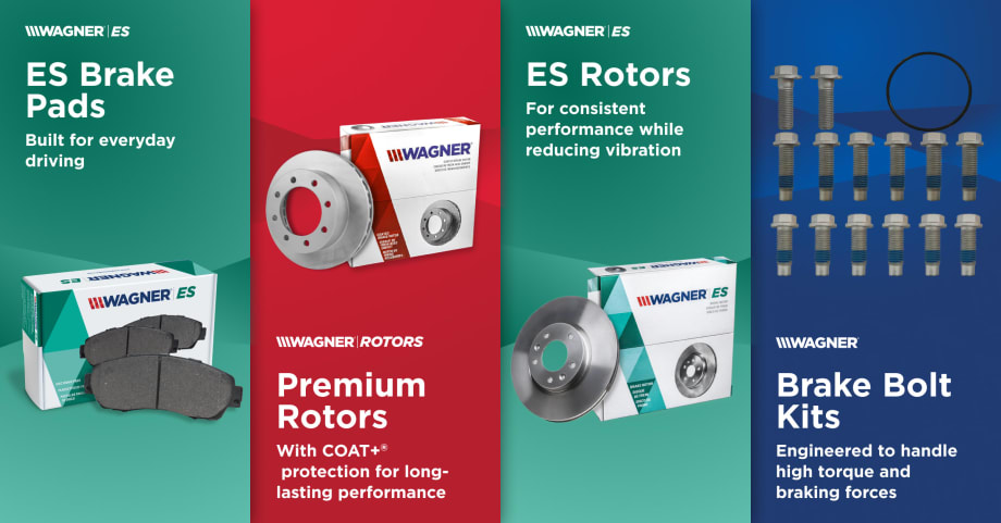 Graphic featuring Wagner ES brake pads, premium rotors, ES rotors and brake bolt kits for small fleet pickups, vans and passenger vehicles.