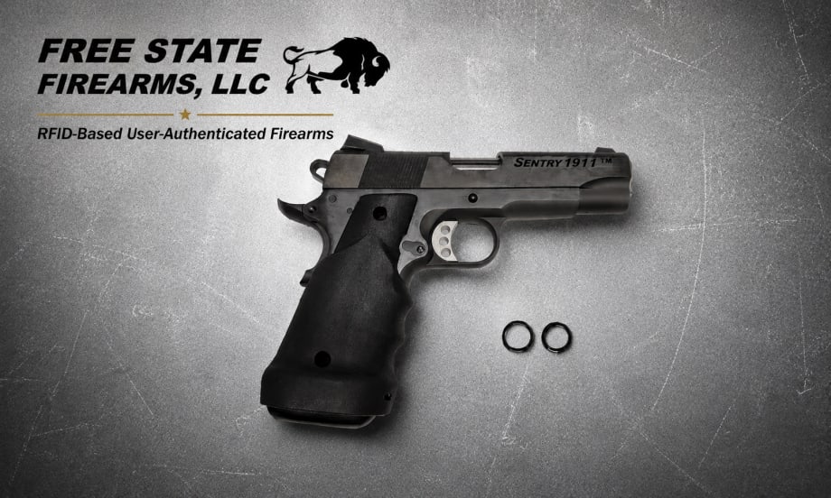 Promotional image for Free State Firearms, LLC featuring a Sentry 1911 handgun displayed on a textured industrial metal background. The firearm is shown at an angle with two black RFID rings placed nearby, emphasizing secure RFID-based user authentication technology. The company logo and buffalo icon appear in the upper left corner, with the headline “RFID-Based User-Authenticated Firearms” beneath it in a clean, modern style.