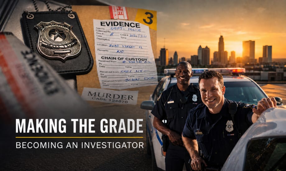 image showing two police officers beside a patrol car at sunset, overlaid with a police badge and evidence file. Bold text reads “Making the Grade” with subhead “Becoming an Investigator.”
