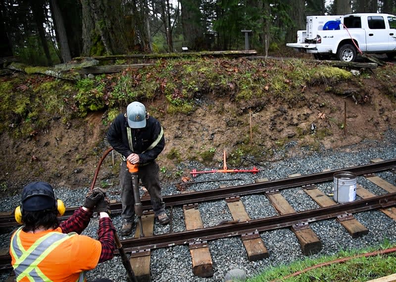 Two workers in safety gear perform maintenance on railroad tracks in a wooded outdoor area. One operates heavy equipment on the rails while another observes nearby, with a white utility truck parked above the embankment.
