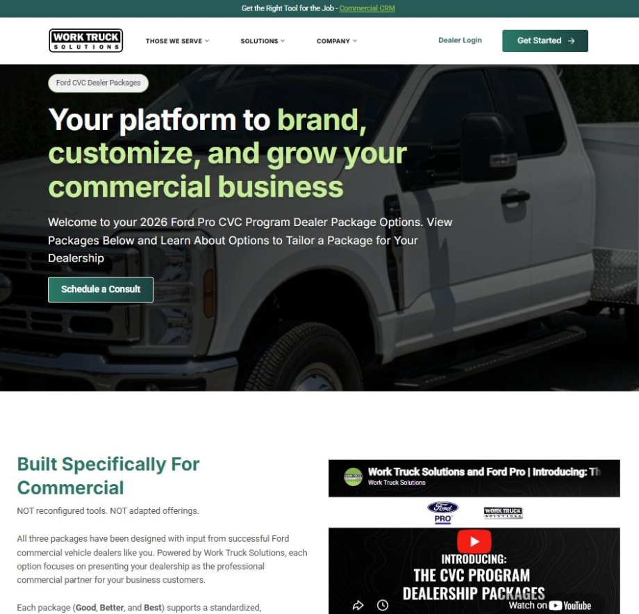 Screenshot of the Work Truck Solutions website promoting Ford Pro CVC dealer packages. The page features a commercial truck background image, marketing text about growing commercial business, navigation links, a consultation button, and an embedded YouTube video.