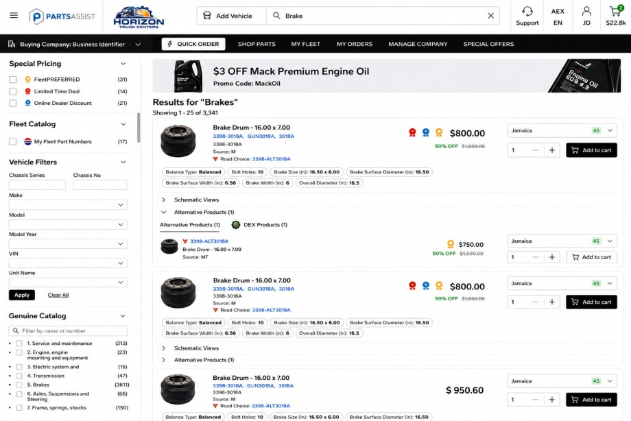 Screenshot of the PartsASIST online parts marketplace showing brake drum search results for Horizon Truck Centers. The interface includes product listings, pricing, filters, shopping cart options, and navigation menus for fleet and company management.